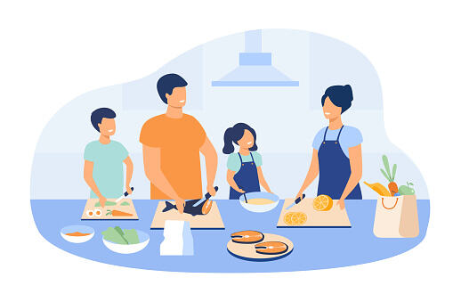 Mother and father with kids cooking dishes - Family Nutrition