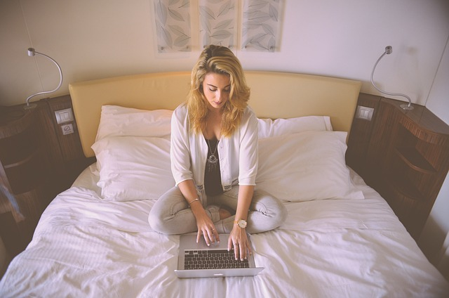 woman, working, bed