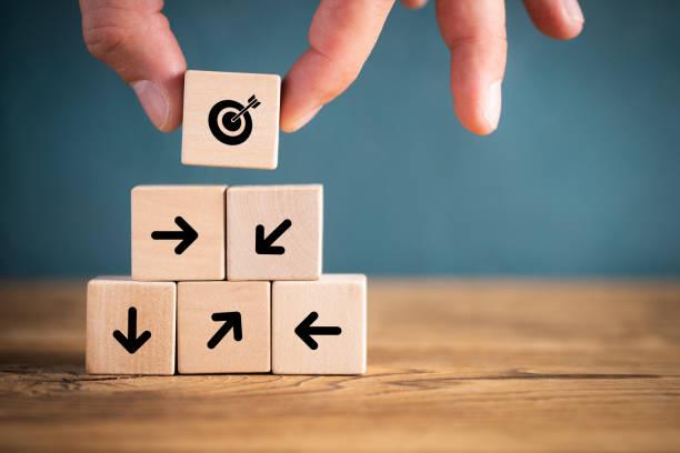 stacked cubes with a target symbol and arrows pointing to this target symbolizing to organize a team to a common goal stacked cubes on wooden background with a target symbol and arrows pointing to this target symbolizing to organize a team to a common goal smart goals stock pictures, royalty-free photos & images